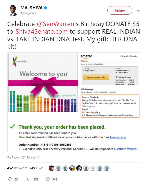 Dr. Shiva Ayyadurai presents DNA Test Kit to Elizabeth Warren for her birthday