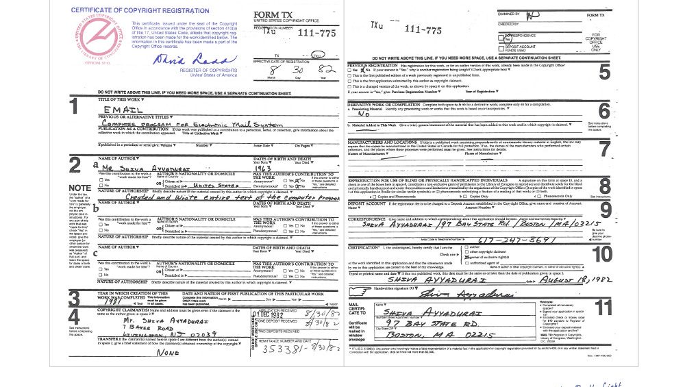 Commemorative print of first U.S. copyright for Email signed by Sr. Shiva Ayyadurai