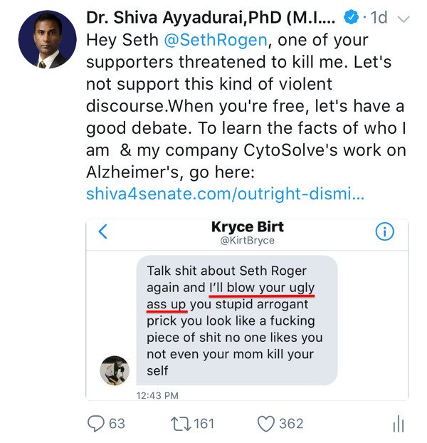 Dr. Ayyadurai also tweeted to Rogen to inform him of the threat: