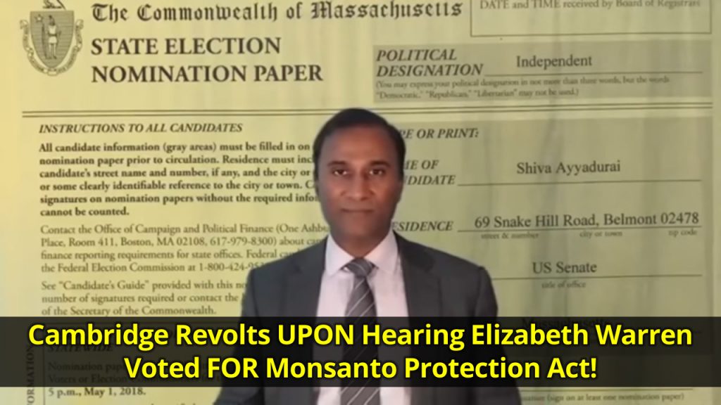 Cambridge Revolts UPON Hearing Elizabeth Warren Voted FOR Monsanto Protection Act!
